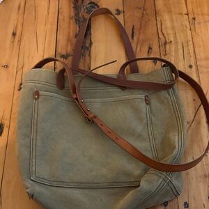 Madewell Olive Green Canvas Tote Bag with Brown Leather Straps